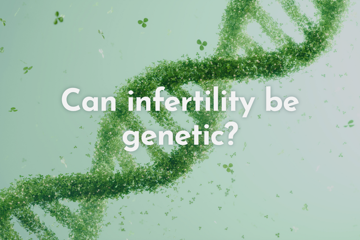 DNA double helix made of green leaves and clovers, with the text 'Can infertility be genetic?